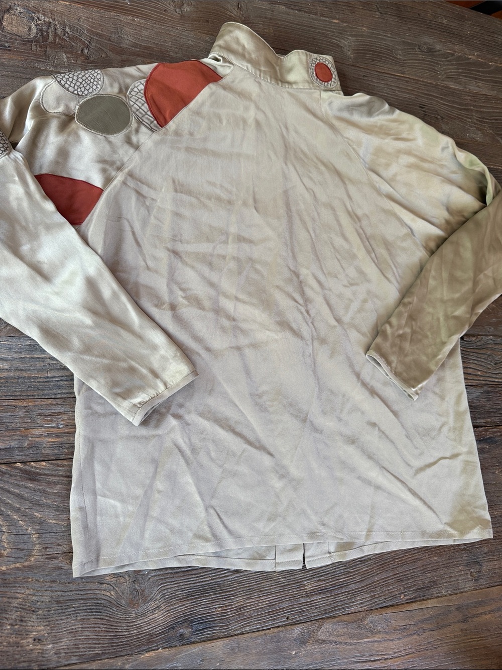 Deborah vintage taupe silk high neck blouse geometric leather patches‎ M